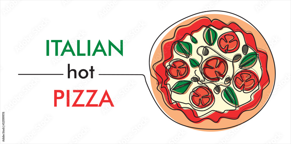 Wall mural continuous one line drawing of italy pizza for restaurant logo badge. italian pizzeria logotype temp