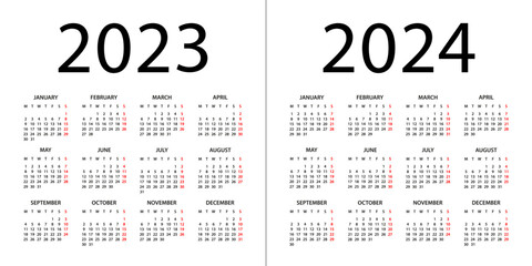Calendar 2023, 2024 year - vector illustration. Week starts on Monday. Calendar Set for 2022, 2023 years