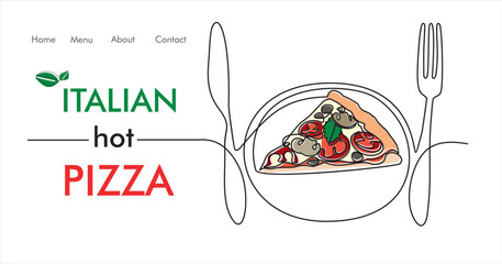 Continuous one line drawing of Italy pizza for restaurant logo badge. Italian pizzeria logotype template concept isolated on white background. Trendy single line draw design with quote template. - obrazy, fototapety, plakaty