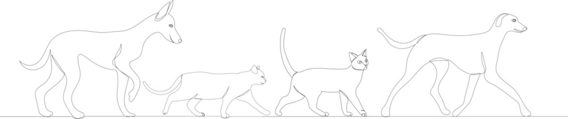 walking cats and dogs one continuous line drawing vector