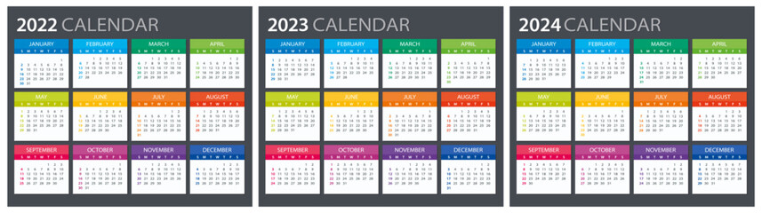 2022, 2023, 2024 Calendar - illustration. Template. Mock up Week starts Sunday - 521200119