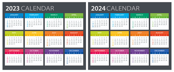 2023, 2024 Calendar - illustration. Template. Mock up Week starts Sunday