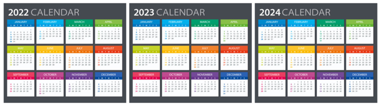 2022, 2023, 2024 Calendar - illustration. Template. Mock up Week starts Sunday