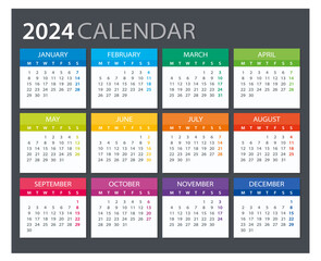 2024 Calendar - illustration. Template. Mock up Week starts Sunday