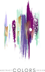 Colorful hand drawn decorative element from brush strocks. Abstract creative design from green, violet, purple and golden paint lines.