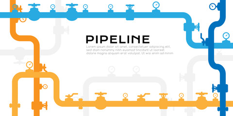 Pipelines textured background with copy space. Industrial vector banner with pipes and equipment.
