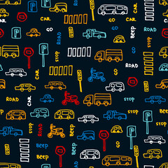 Kids pattern with cars, road signs and words. Vector seamless background in doodle style.