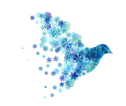 Flying bird with wings from snowflakes.