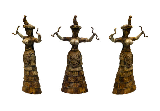 A set of three angles of one of the Serpent goddesses isolated on white background. The snakes symbolize the chthonic nature of the cult of the goddess