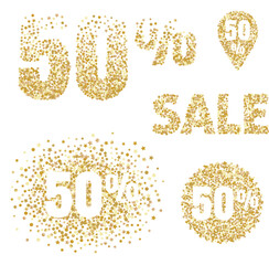 Discount tags, sale icons with gold glitter effect