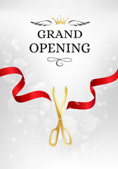 Grand opening banner with cut red ribbon and gold scissors. - obrazy, fototapety, plakaty
