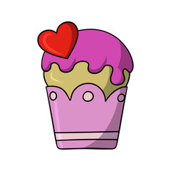Delicious cupcake with pink icing sugar and a heart, vector illustration in cartoon style