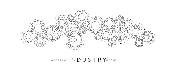 Technology abstract background from gearwheels composition. Horizontal light banner for teamwork, industrial, communication or automation conceptual design.