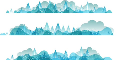 Panoramique de la collection de paysages de campagne, bordures horizontales du paysage d& 39 hiver avec nuages, montagnes, collines et arbres.