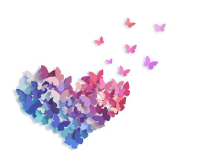 Decorative flying butterflies pattern in heart shape isolated on white background with copy space. Spring, summer season concept.