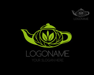 China teapot with green tea leaves icon. Vector logo template