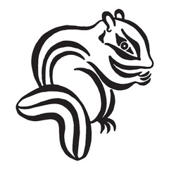 Cute chipmunk black and white drawing. Vector illustration isolated on white background. Black silhouette of a chipmunk logo. Linear drawing. Design tattoo.