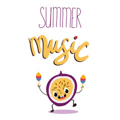 Vector illustration of a cute character, funny fruit, passion fruit with maracas. T-shirt design for kids, summer time, summer mood, summer mood. Lettering summer music.