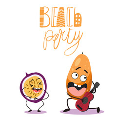 Fototapeta premium Vector illustration of cute characters, funny fruits, passion fruit and papaya. T-shirt design for kids, summer time, summer mood, summer mood. Beach party inscription.