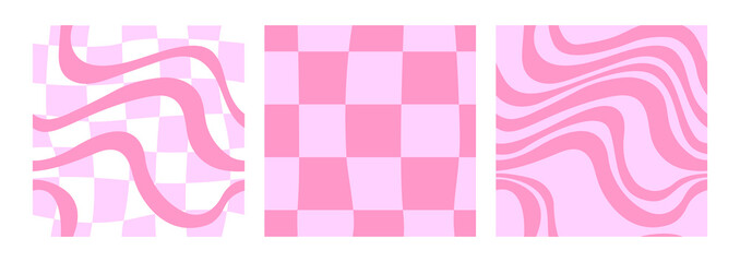 Set of hippie and groovy seamless patterns with wavy lines and distorted cage. Fashionable background in 00s, 90s, y2k style.