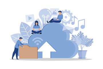 cloud data storage, online store on the network on the server, flat stylish graphics little people work with the cloud. flat design modern illustration