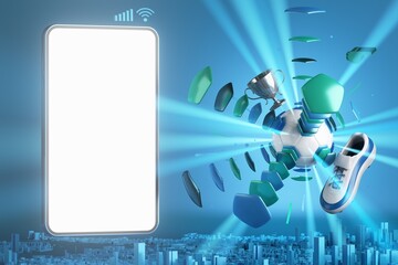 smartphone with a white screen. sports object on dark background. 3d copy space. live program online. 3d illustration. sport competition application online. online live app broadcast. soccer game