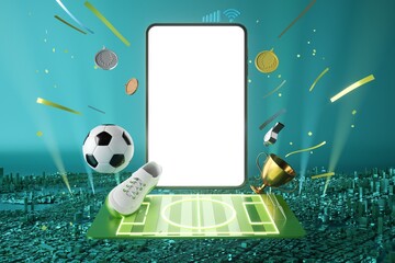 football ball with smartphone screen motion effect. sport concept design. 3d illustrator. blue background. sport online live. bet casino design. goal competition. 3d object render. motion graphic.