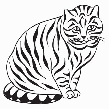 Funny fat striped cat vector illustration isolated on white background. Hand-drawn silhouette drawing of a tabby cat. Calligraphy image. Tattoo design.