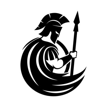 Spartan warrior with spear and shield icon on white background.