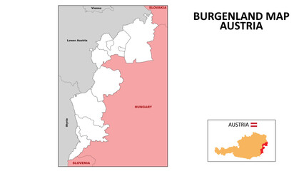 Burgenland Map. State and district map of Burgenland. Political map of Burgenland with outline and black and white design.
