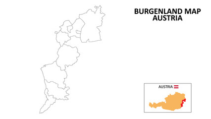 Burgenland Map. State and district map of Burgenland. Political map of Burgenland with outline and black and white design.