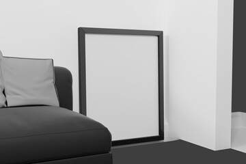 Interior poster mock up with empty black frame, 3d rendering