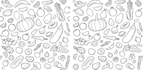 Seamless pattern set vegetables and fruits. Vector color vintage engraving isolated on white