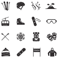 Snowboarding And Ski Icons. Black Scribble Design. Vector Illustration.