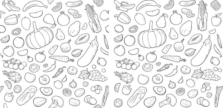 Seamless pattern set vegetables and fruits. Vector color vintage engraving isolated on white