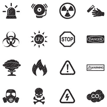Alerts and Warning Icons. Black Scribble Design. Vector Illustration.