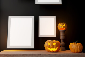 Mock up black frame with Jack o Lantern and pumpkin decor on a desk. Halloween concept. 3d render