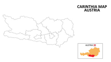 Carinthia Map. State and district map of Carinthia. Political map of Carinthia with outline and black and white design.