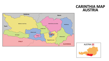 Carinthia Map. State and district map of Carinthia. Political map of Carinthia with neighboring countries and borders.