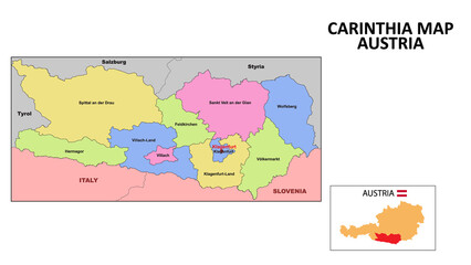 Carinthia Map. State and district map of Carinthia. Political map of Carinthia with neighboring countries and borders.