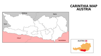 Carinthia Map. State and district map of Carinthia. Political map of Carinthia with outline and black and white design.
