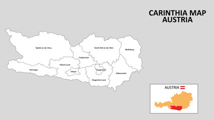 Carinthia Map. State and district map of Carinthia. Administrative map of Carinthia with district and capital in white color.