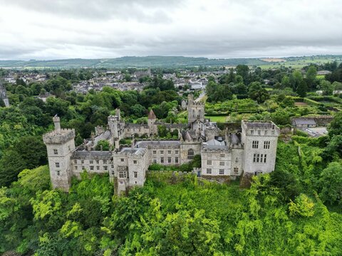 Aerial drone view of the Lismore castle in Waterford, Ireland in the daylight.