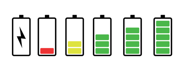 Vector illustration of cell phone battery charging, vectorized battery icons going from 0 to 100% from red to green. - obrazy, fototapety, plakaty