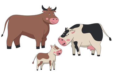 Cute cartoon vector family of cow. illustration for kids.