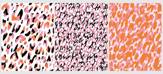 Abstract Leopard Skin Seamless Vector Patterns. White, Pink, Orange and Black Irregular Brush Spots on a White and Pink Backgrounds. Abstract Wild Animal Skin Print. Simple Irregular Geometric Design. - 521211533