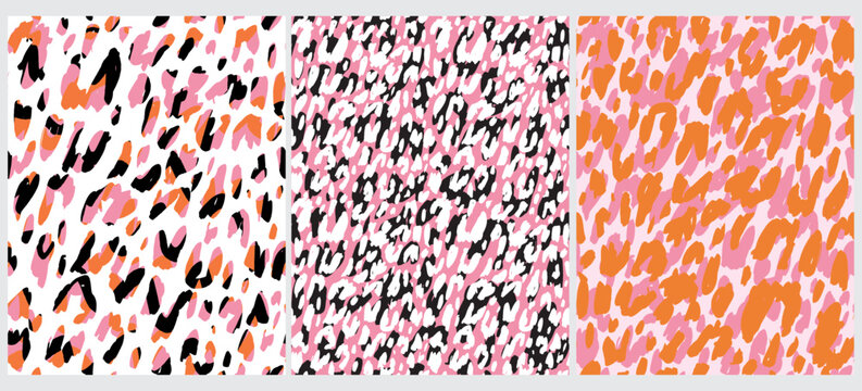 Abstract Leopard Skin Seamless Vector Patterns. White, Pink, Orange and Black Irregular Brush Spots on a White and Pink Backgrounds. Abstract Wild Animal Skin Print. Simple Irregular Geometric Design.