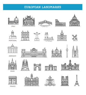 Simple linear Vector icon set representing global tourist european landmarks and travel destinations for vacations.