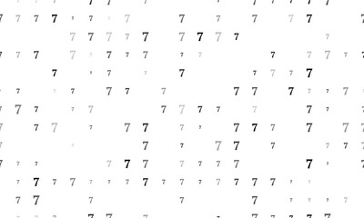 Seamless background pattern of evenly spaced black number seven symbols of different sizes and opacity. Vector illustration on white background