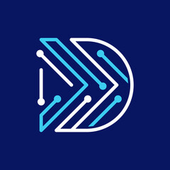 Letter D logotype white and blue color, Technology and digital abstract dot connection vector logo, symbol or icon. logotype design template.